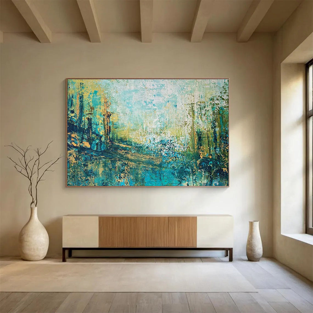 Turquoise and Gold Abstract Forest Painting for Nature - Themed Bookstores YHT357