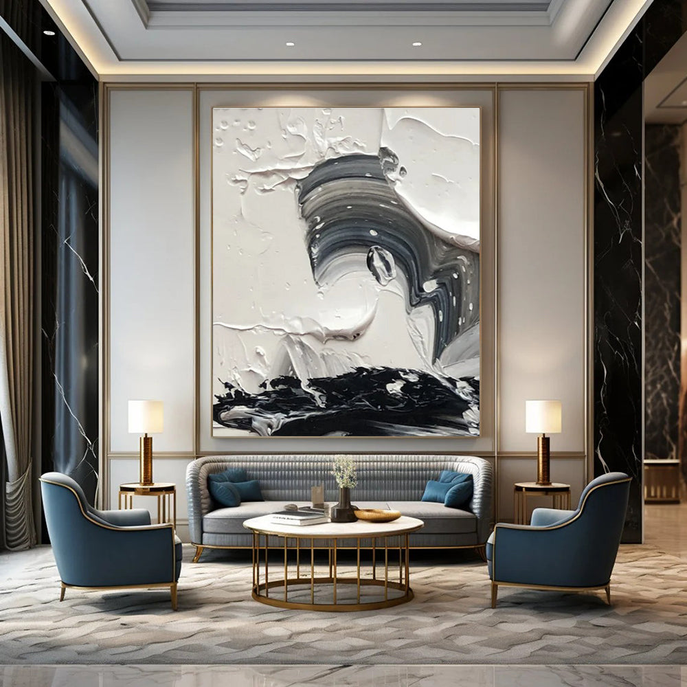 Black and White Swirl Abstract Painting for Dynamic Entryways HENG444