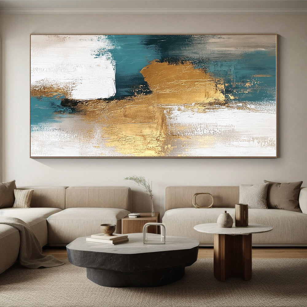 Teal Gold White Abstract Detail Painting with Intricate Textures WINK677