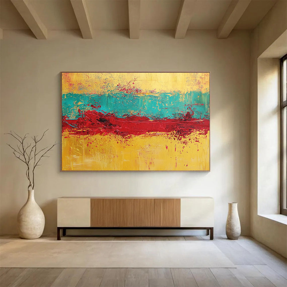 Yellow, Blue, and Red Abstract Painting with Textured Layers ABS428