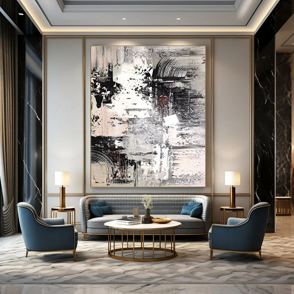 Monochrome Textured Abstract Painting for Serene Home Libraries HENG392