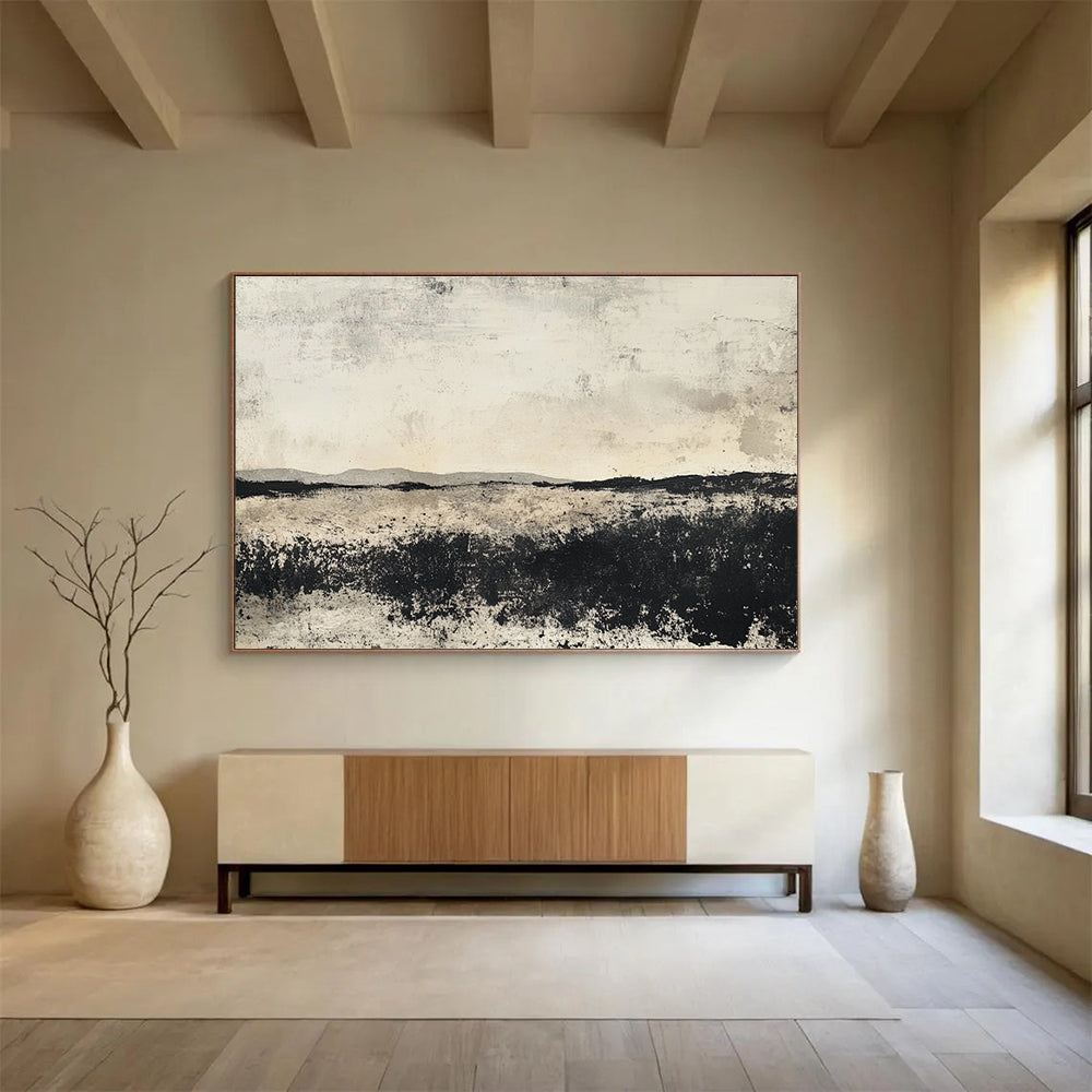 Grayscale Landscape: Textured Fields and Distant Hills Abstract Painting ABS176