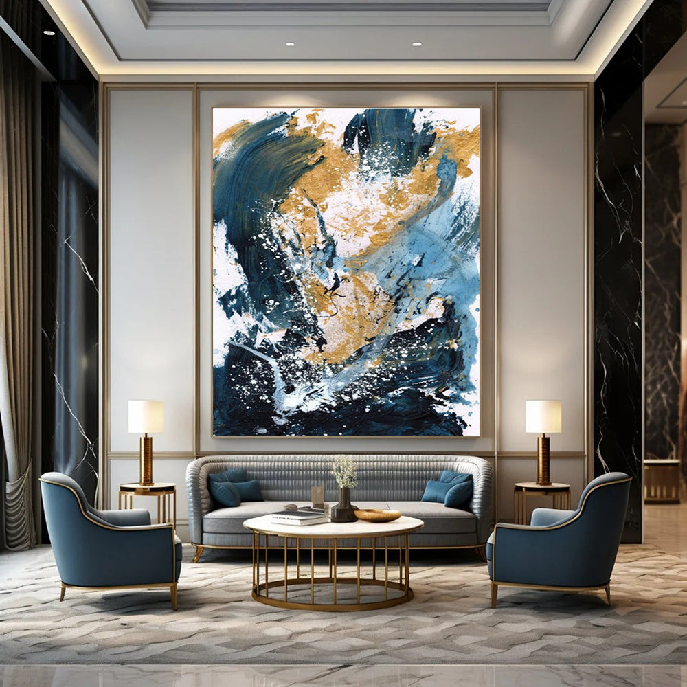 Dynamic Blue - Gold Abstract Splash Painting for Luxe Interiors HENG234