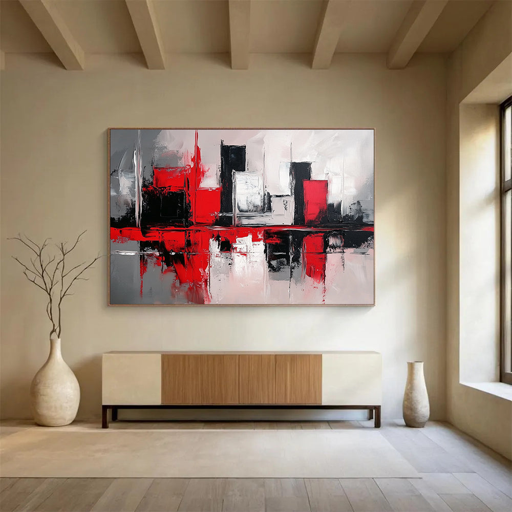 Red and Black Cityscape Abstract Painting with Reflective Elements ABS398
