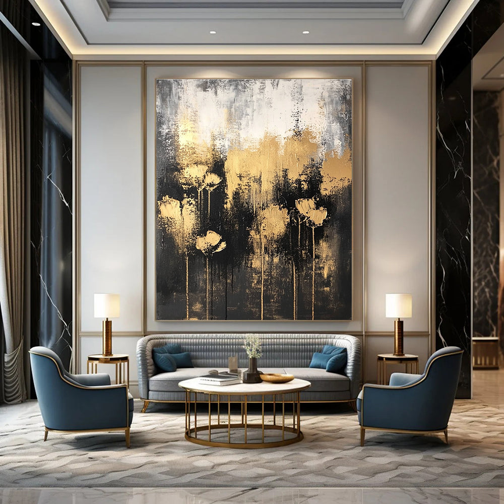 Dark - Toned Abstract Flower Painting with Golden Blooms GAB0667