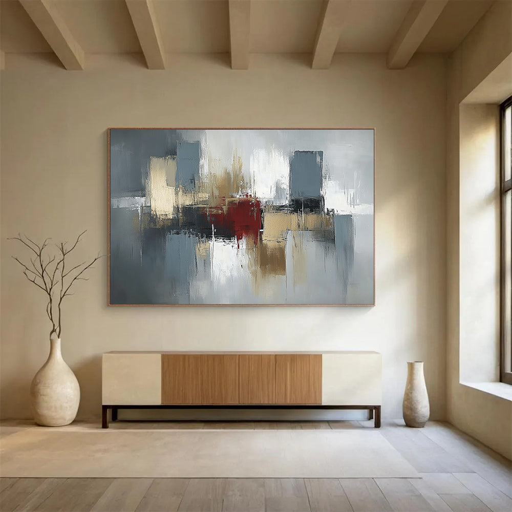 Gray, Gold and Red Abstract Cityscape Painting with Urban Energy ABS403