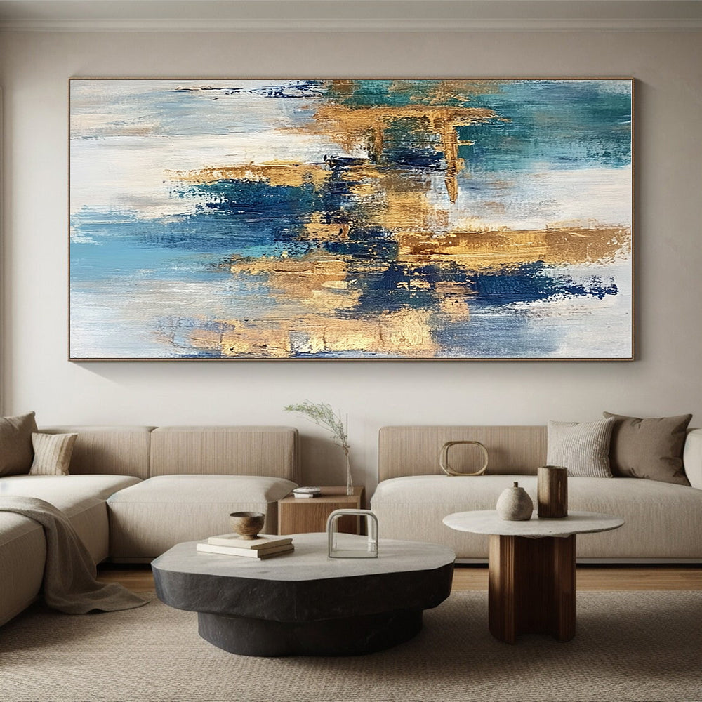 Blue Gold White Abstract Painting with Coastal Elegance WINK474