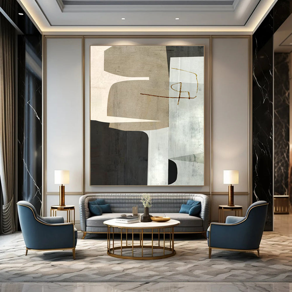 Neutral Geometric Collage Abstract Painting for Sophisticated Office Receptions HENG158