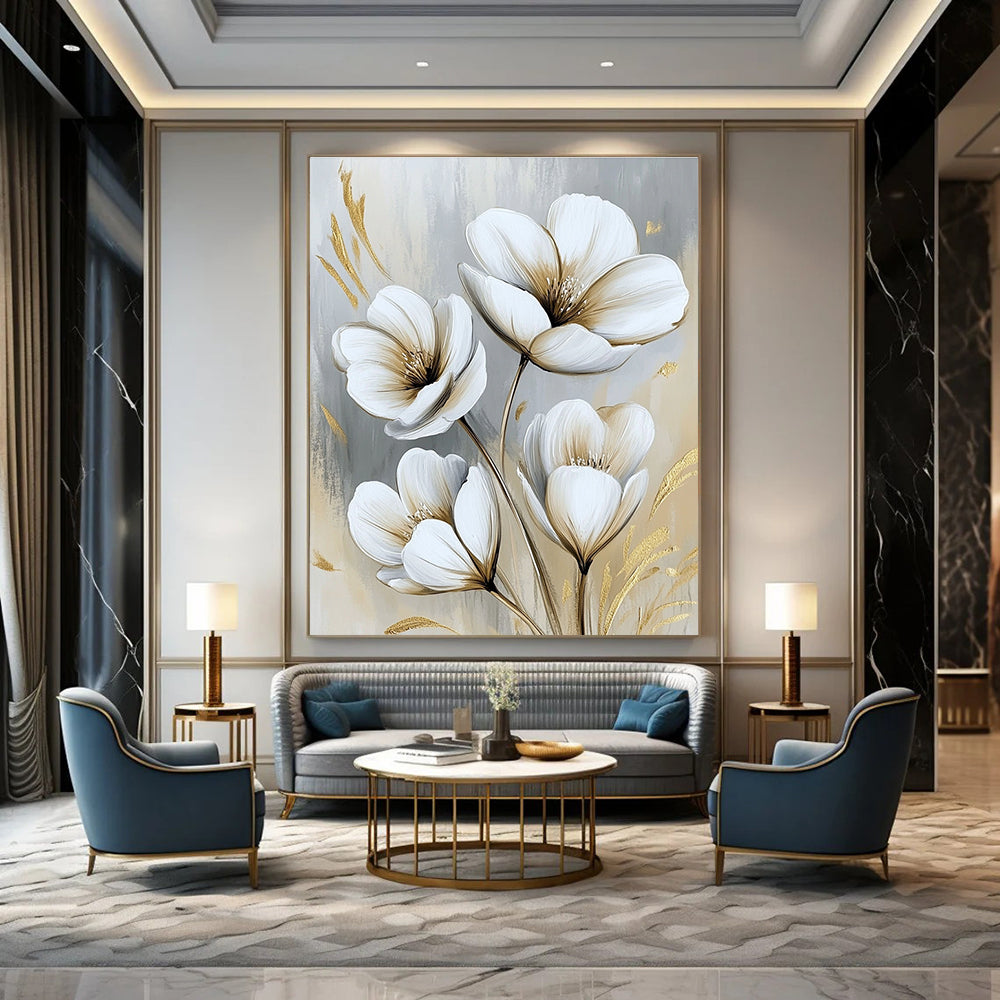White Flowers with Gold Luxe Abstract Painting for Glamorous Interiors GAB1524