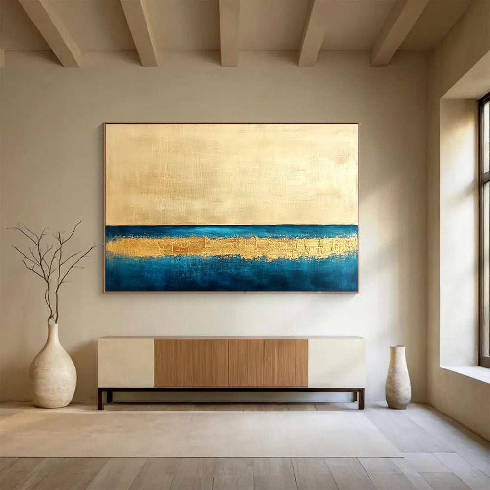Minimalist Gold - Blue Seascape with Clean Lines Abstract Painting ABS314