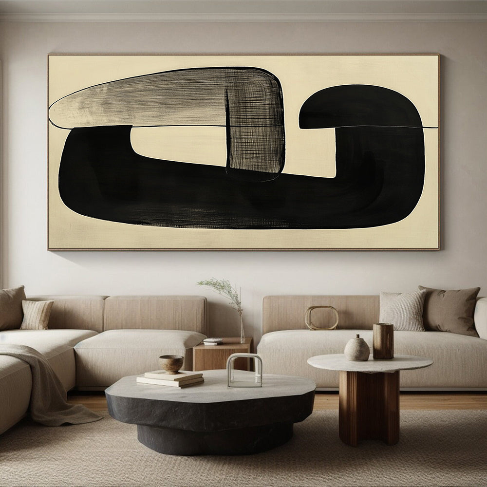 Curved Black Forms on Beige Abstract Painting with Subtle Flow WINK012