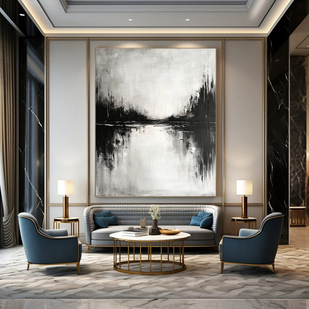 Black and White Lake Landscape - Moody Atmospheric Abstract Painting GAB0450