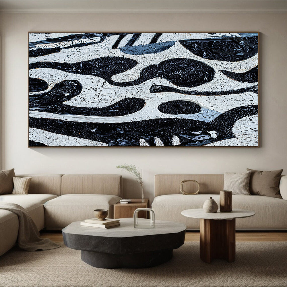Black and White Textured Shapes Abstract Painting with Bold Contrast WINK050