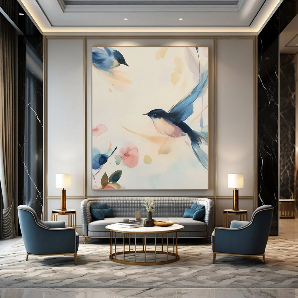 Watercolor Birds and Flowers Abstract Painting for Serene Bedrooms GAB0970