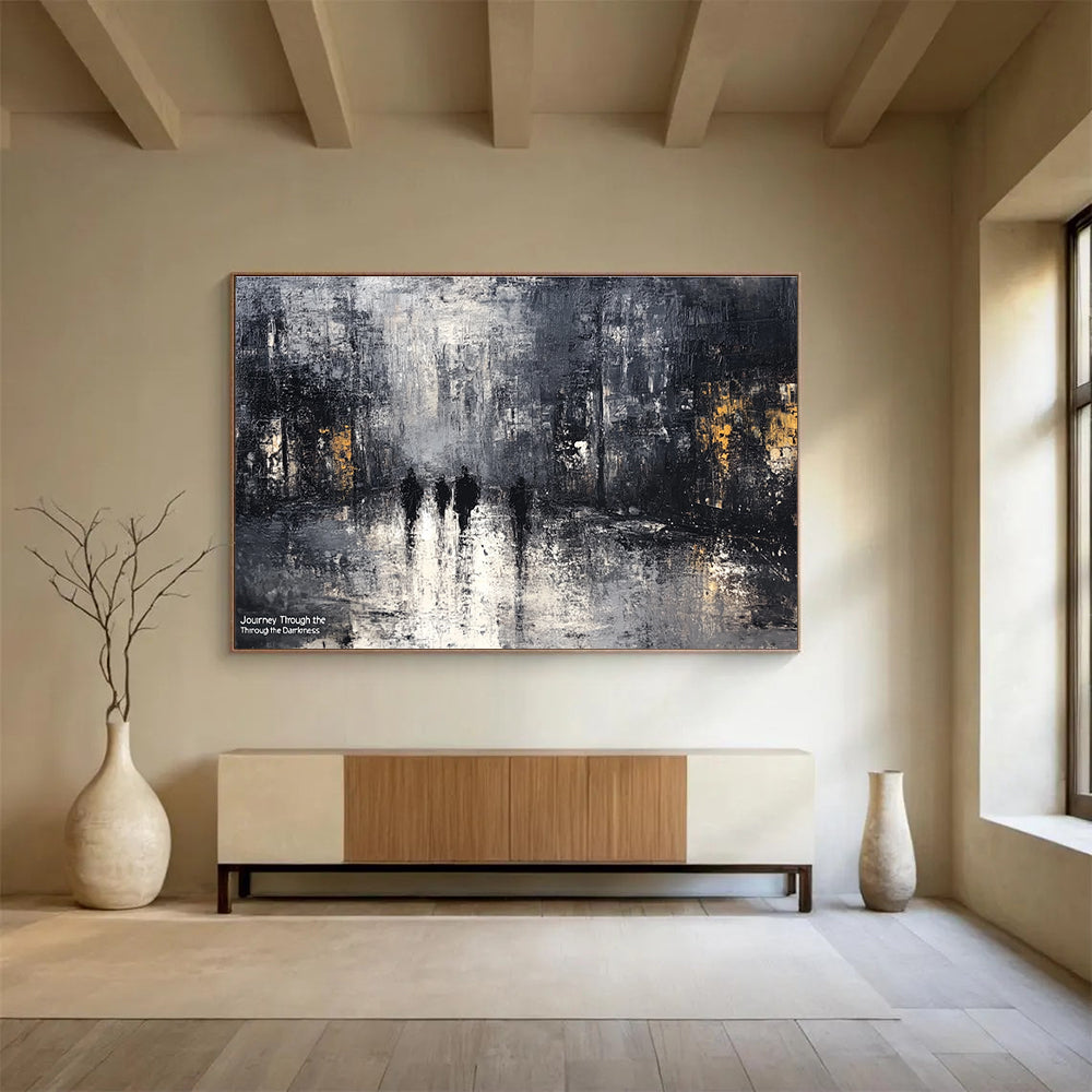 Dark City Street Abstract Painting with Mysterious Urban Mood ABS445