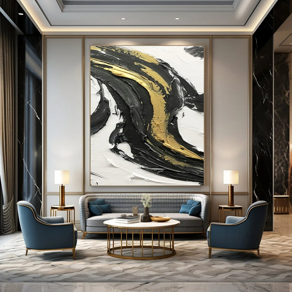 Black - White Horizontal Layer Art Abstract Painting for Minimalist Bedrooms HENG379
