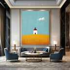 Lighthouse on Yellow Field Abstract Painting of Serene Isolation GAB0180
