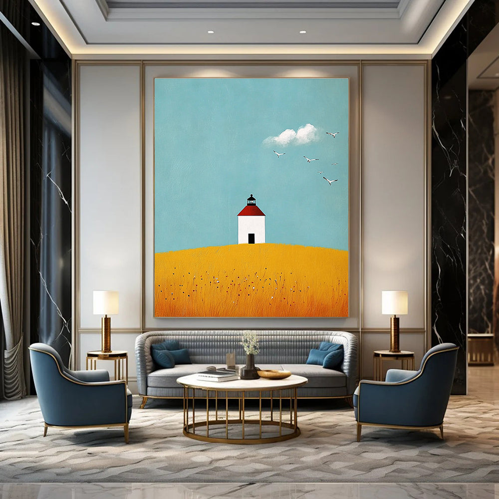 Lighthouse on Yellow Field Abstract Painting of Serene Isolation GAB0180