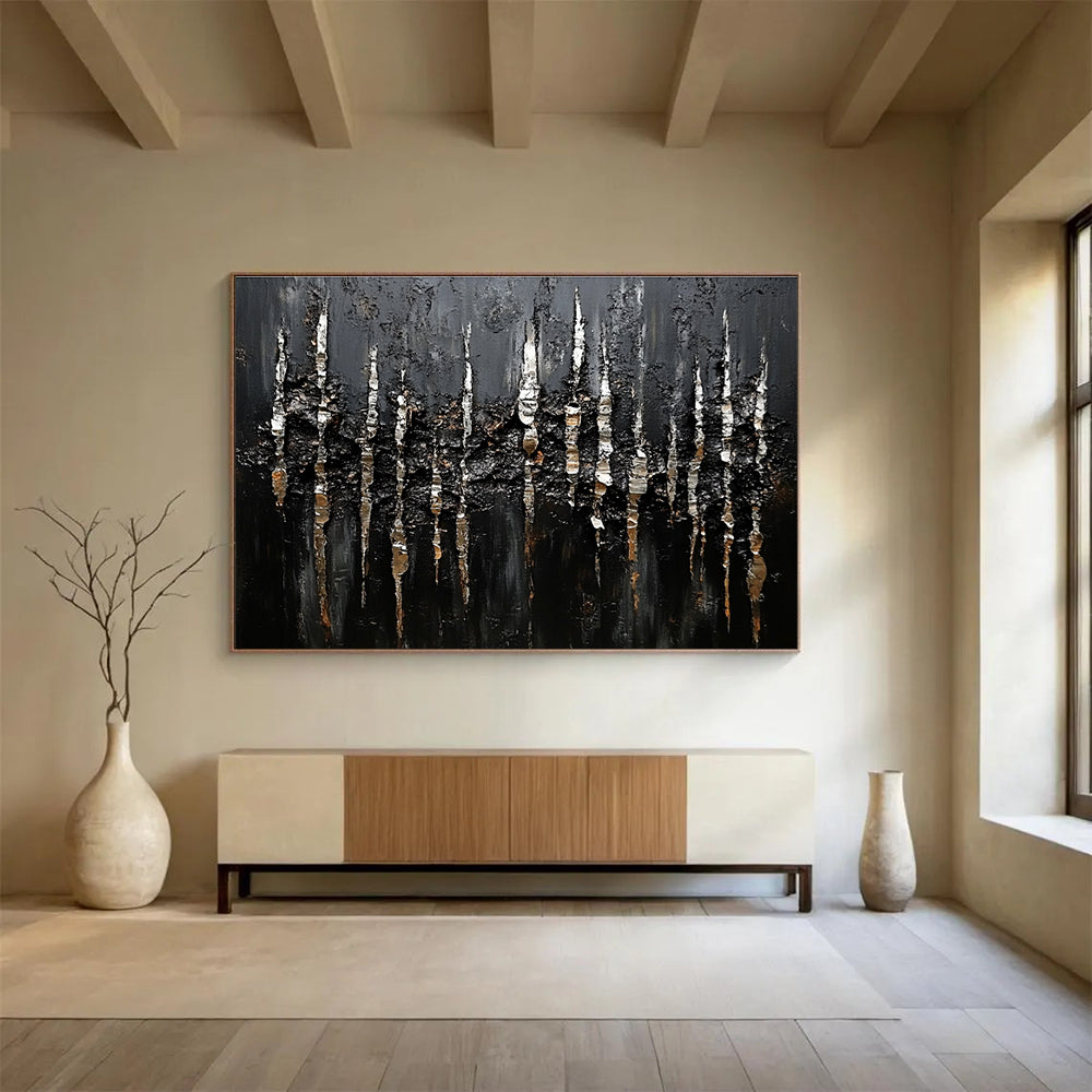 Textured Black and Silver: Tactile Art with Shimmering Accents Abstract Painting ABS180