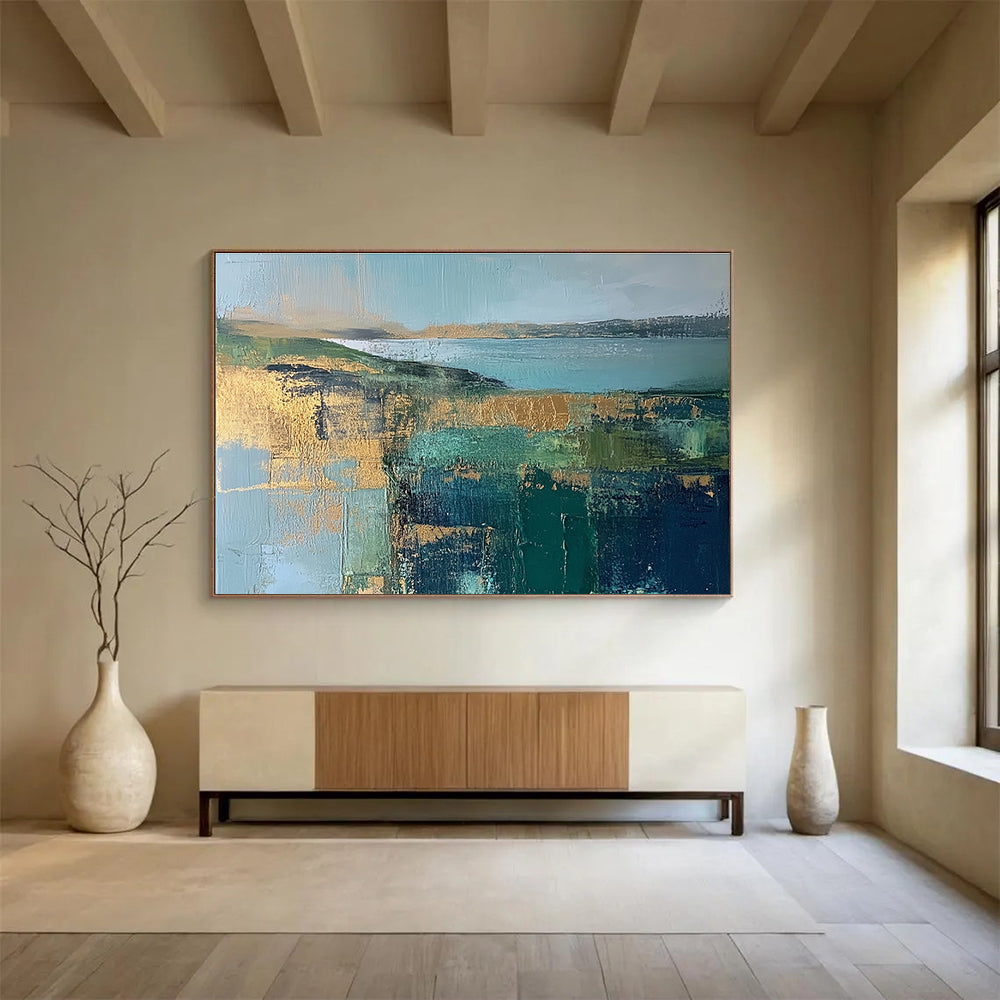 Coastal Landscape Abstract Painting with Teal and Gold ABS268