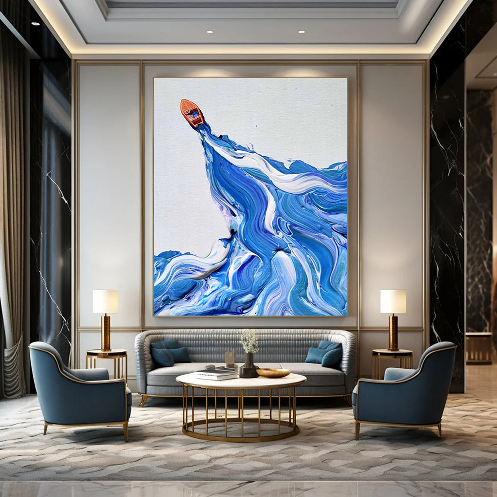 Small Boat on Textured Waves Abstract Painting for Nautical - Themed Interiors HENG321