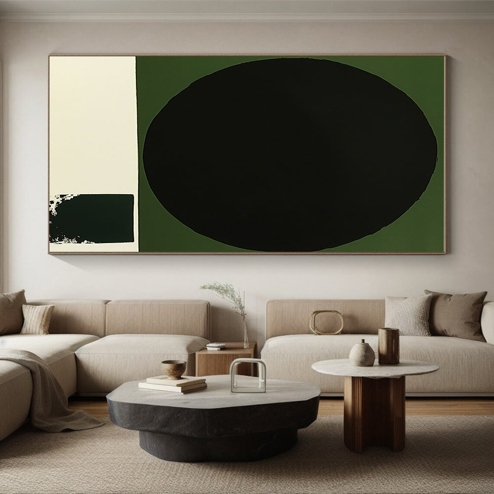 Black Circle on Green Abstract Painting with Bold Contrast WINK218