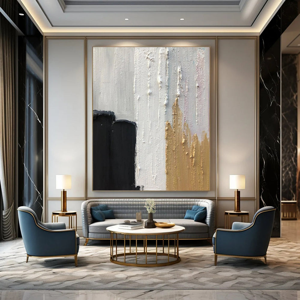 Black - White - Gold Minimalist Abstract Painting for Luxury Studies HENG397