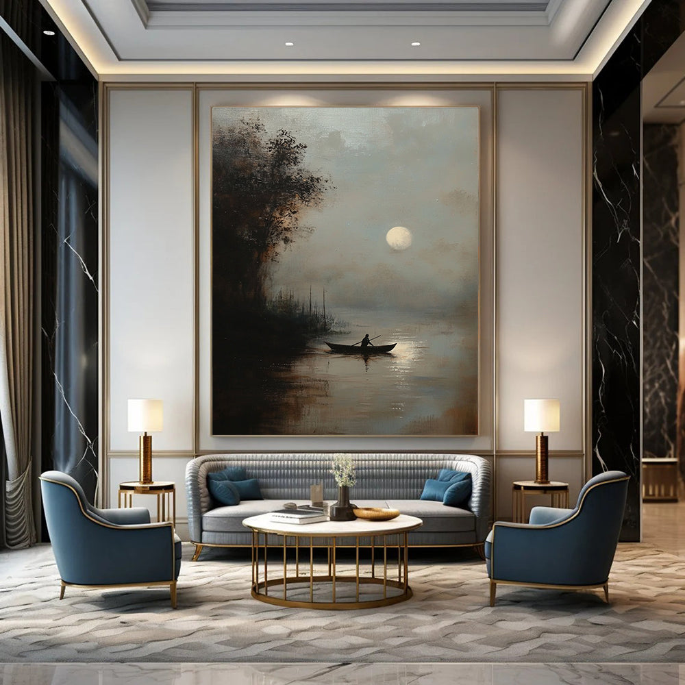 Moonlit Boat Atmospheric Abstract Painting for Rustic - Themed Inns GAB1338