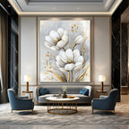 White Flowers with Gold Accents Sophisticated Abstract Painting for Upscale Spaces GAB1528