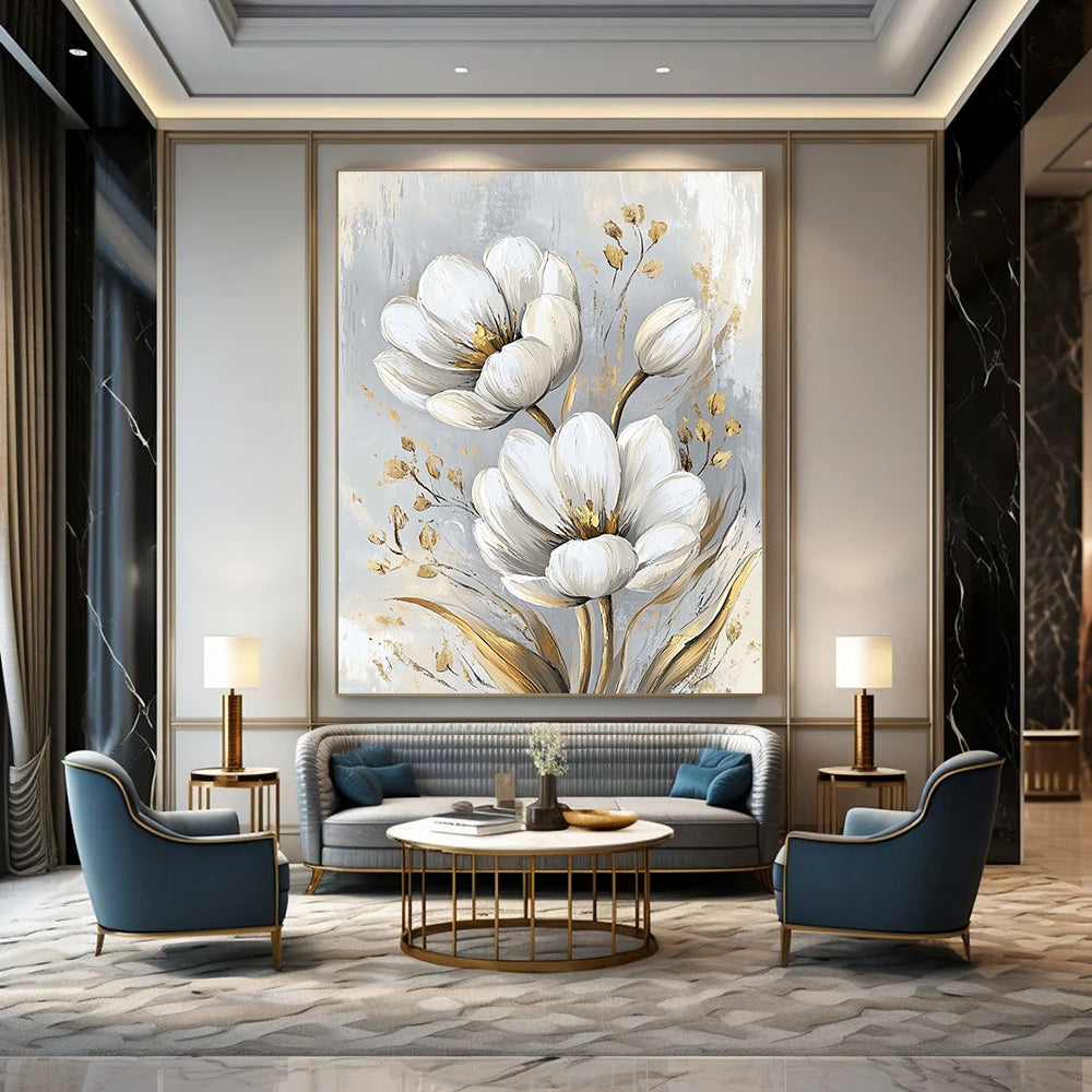White Flowers with Gold Accents Sophisticated Abstract Painting for Upscale Spaces GAB1528