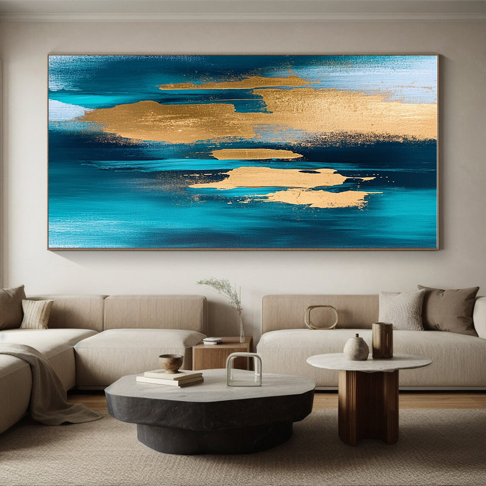 Teal - Gold Abstract Strokes Painting with Bold Radiance WINK381
