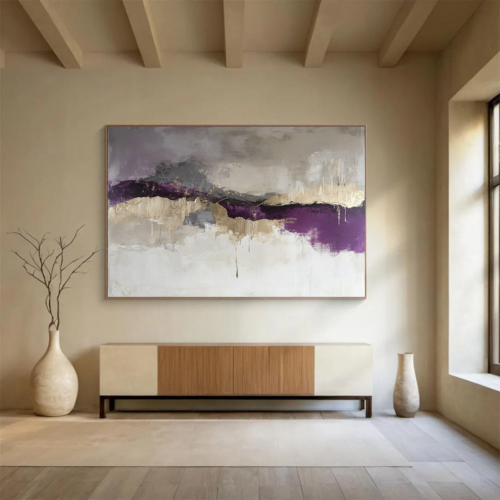 Purple and Gold Abstract Painting with Dramatic, Flowing Textures ABS474
