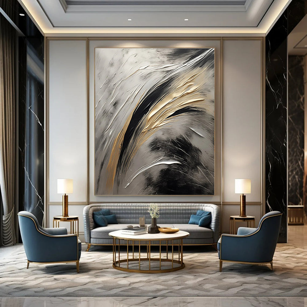 Silver - Gold - Black Abstract Painting for Luxury Home Interiors HENG126