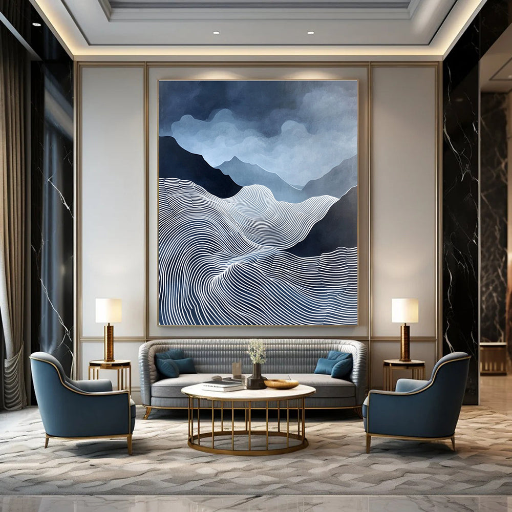 Blue and White Mountain Waves Serene Landscape Abstract Painting GAB0299