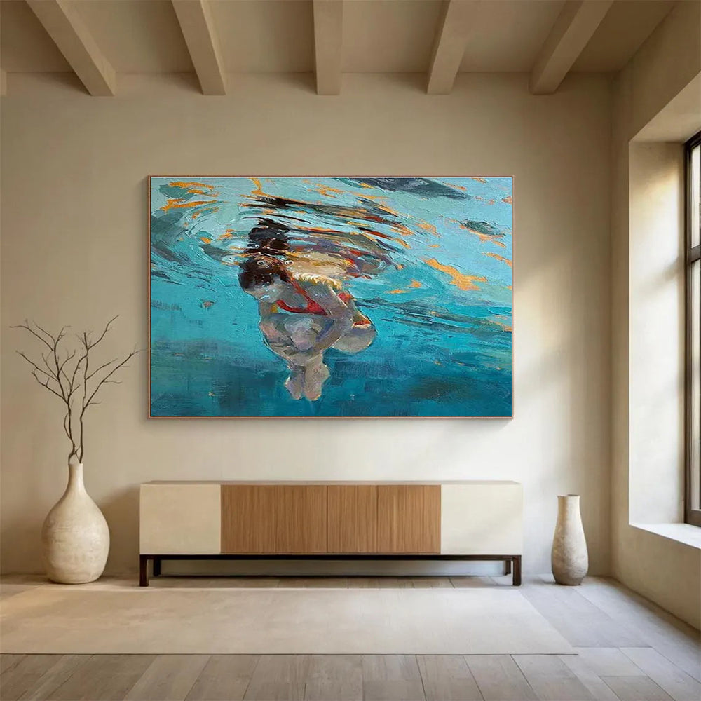 Underwater Swimmer Abstract Painting for Coastal Home Offices YHT247