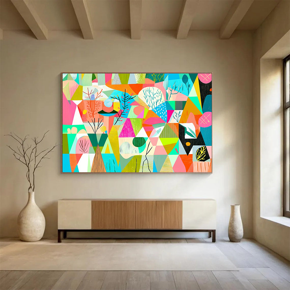 Geometric Nature Collage: Whimsical Landscape Reimagined Abstract Painting ABS154