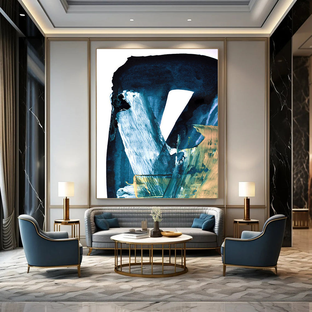 Blue - Toned Abstract with Gold Accents Painting for Luxury Home Entrances HENG190