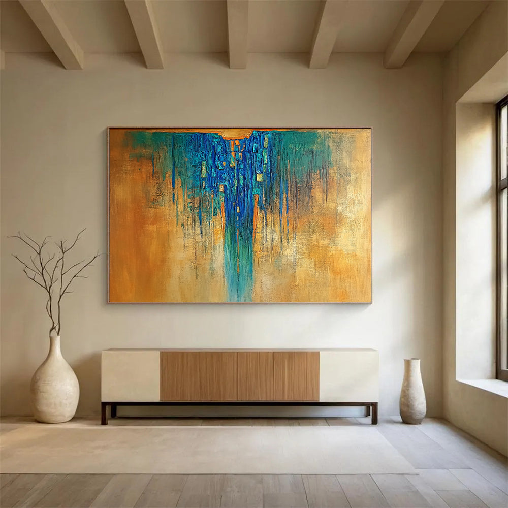 Blue - Orange Drip Abstract Painting with Rich, Textured Flow ABS498