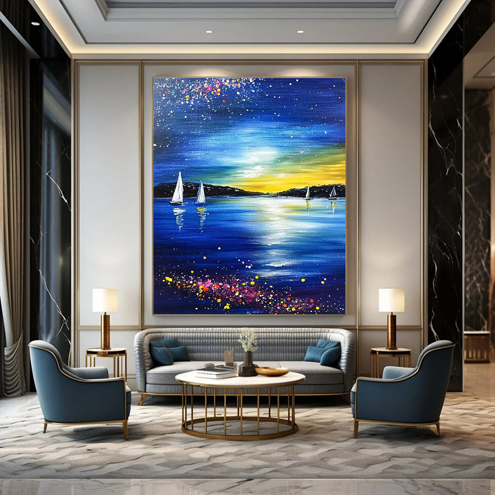 Starry Night Seaside Abstract Painting for Coastal - Themed Living Rooms GAB1015