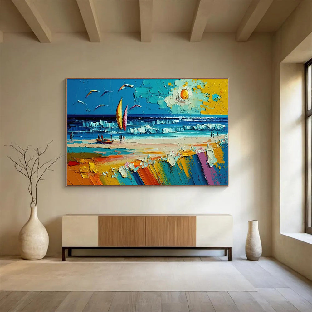 Beach Scene with Sailboat Abstract Painting for Vacation Home Interiors YHT313