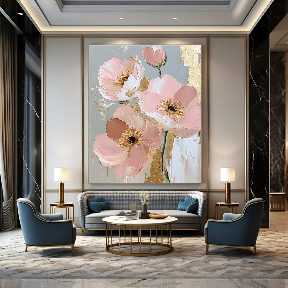 Pink Flowers with Gold Accents Elegant Abstract Painting for Sophisticated Interiors GAB1421