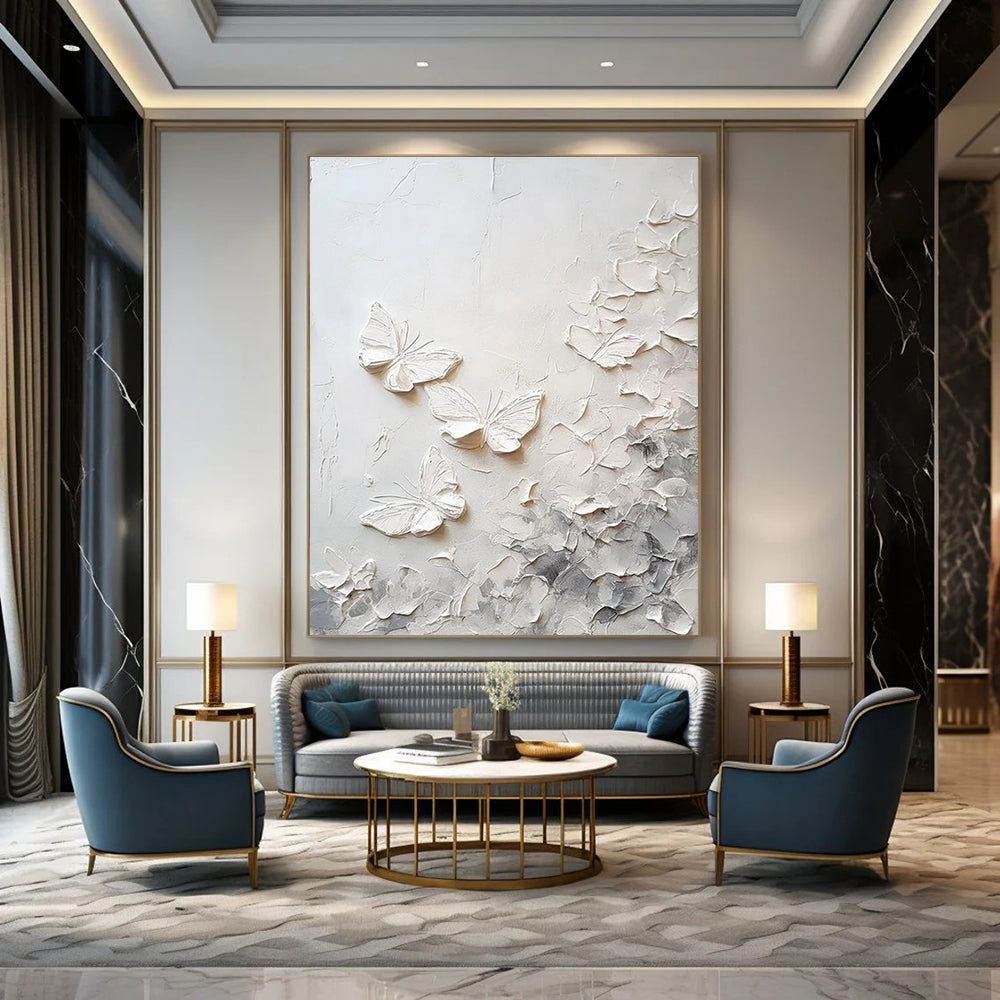 White Textured Butterflies Abstract Painting for Whimsical Nurseries HENG448