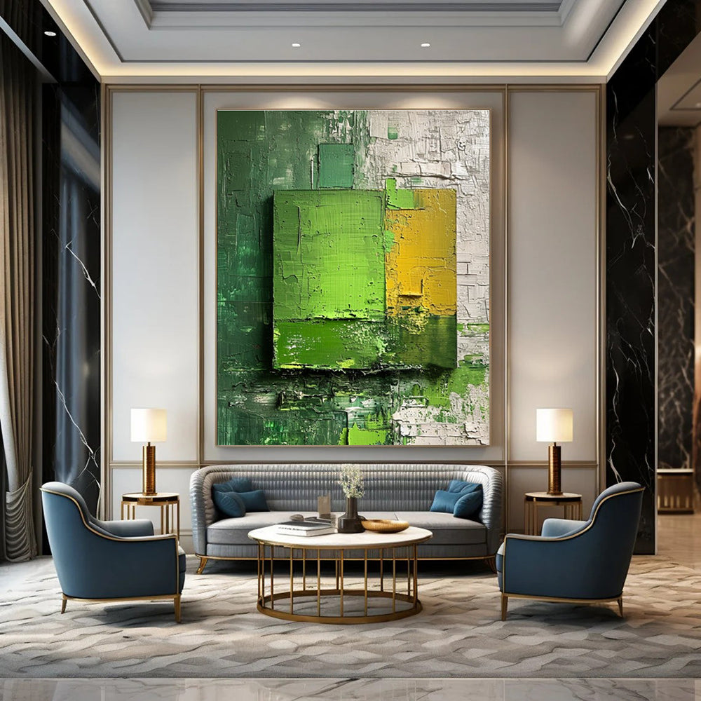 Green and Yellow Textured Squares Abstract Painting for Modern Dining Rooms HENG030
