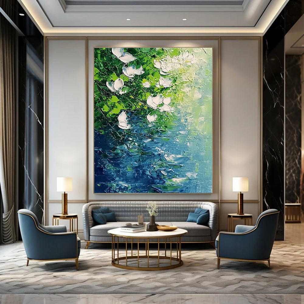 White Flowers Over Water Serene Abstract Painting for Relaxing Spaces GAB1525