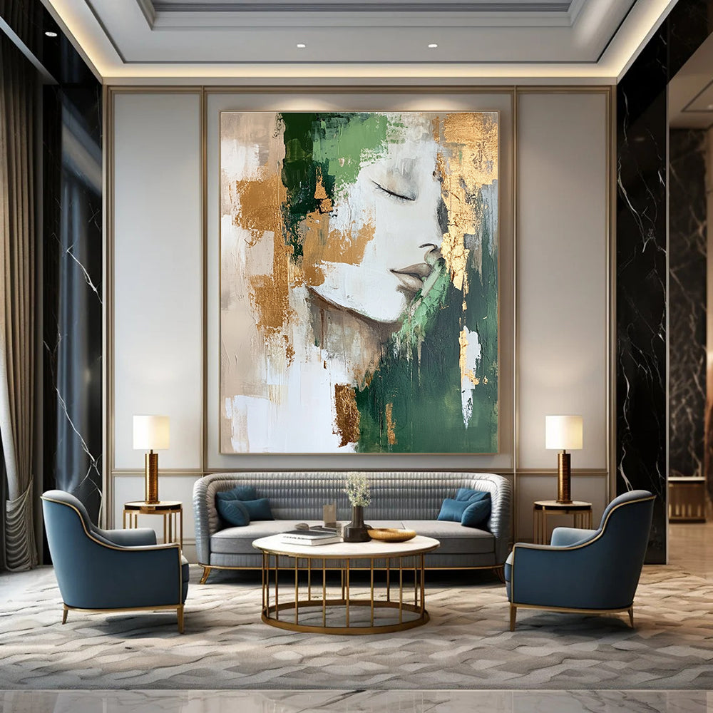 Abstract Portrait Painting with Green and Gold Elements GAB0665