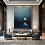 White Bird Over Water Abstract Painting for Coastal Home Bedrooms HENG478