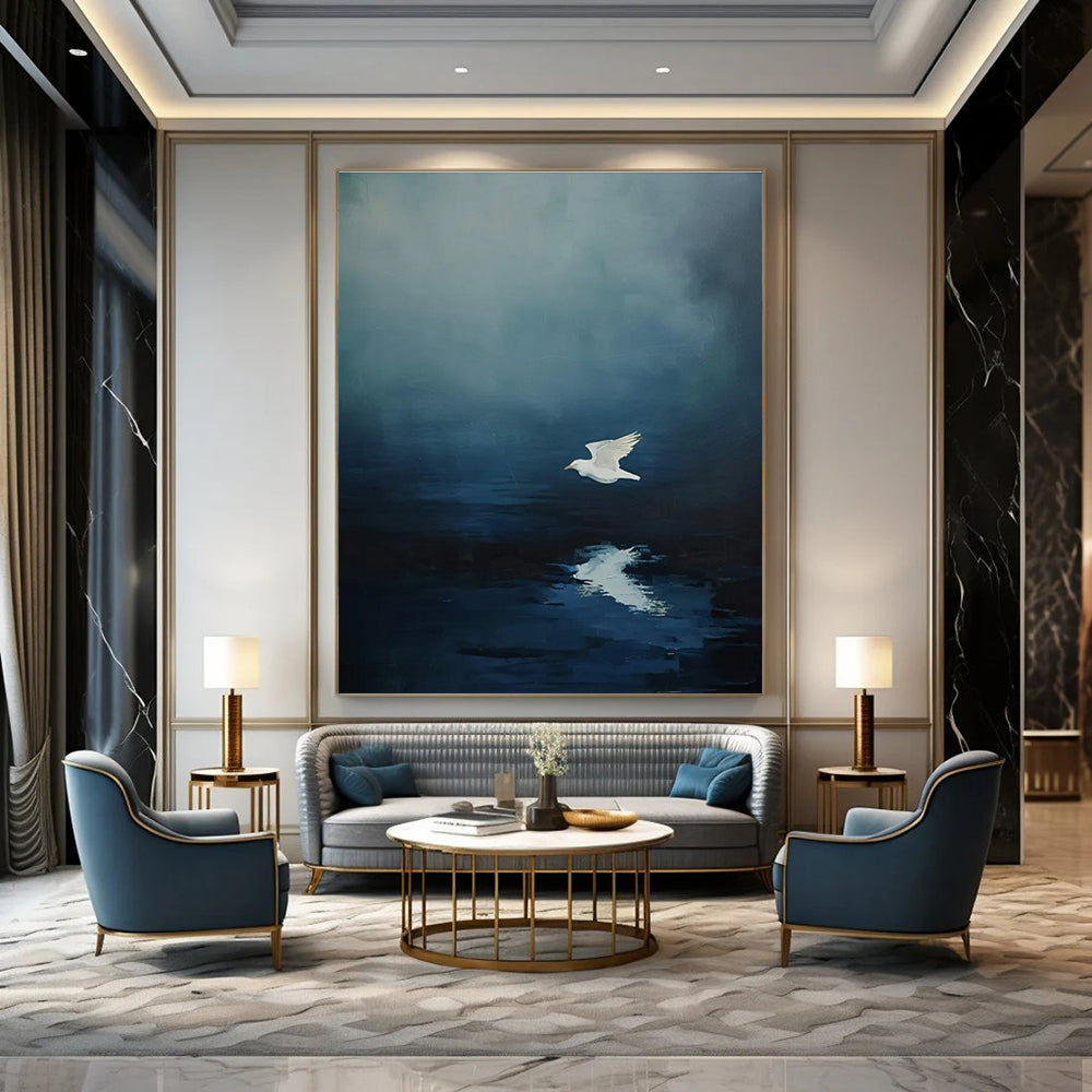 White Bird Over Water Abstract Painting for Coastal Home Bedrooms HENG478