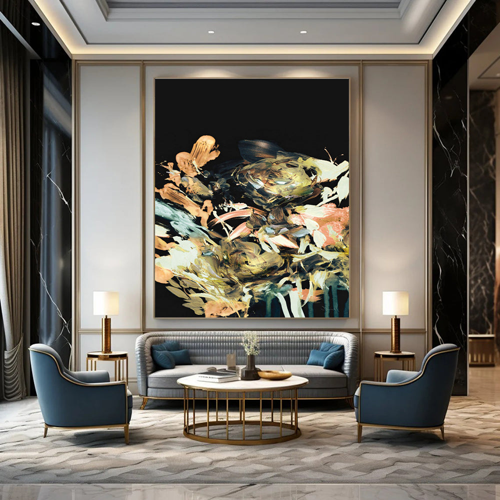 Colorful Floral Abstract on Black Painting for Luxury Home Dining Rooms HENG171