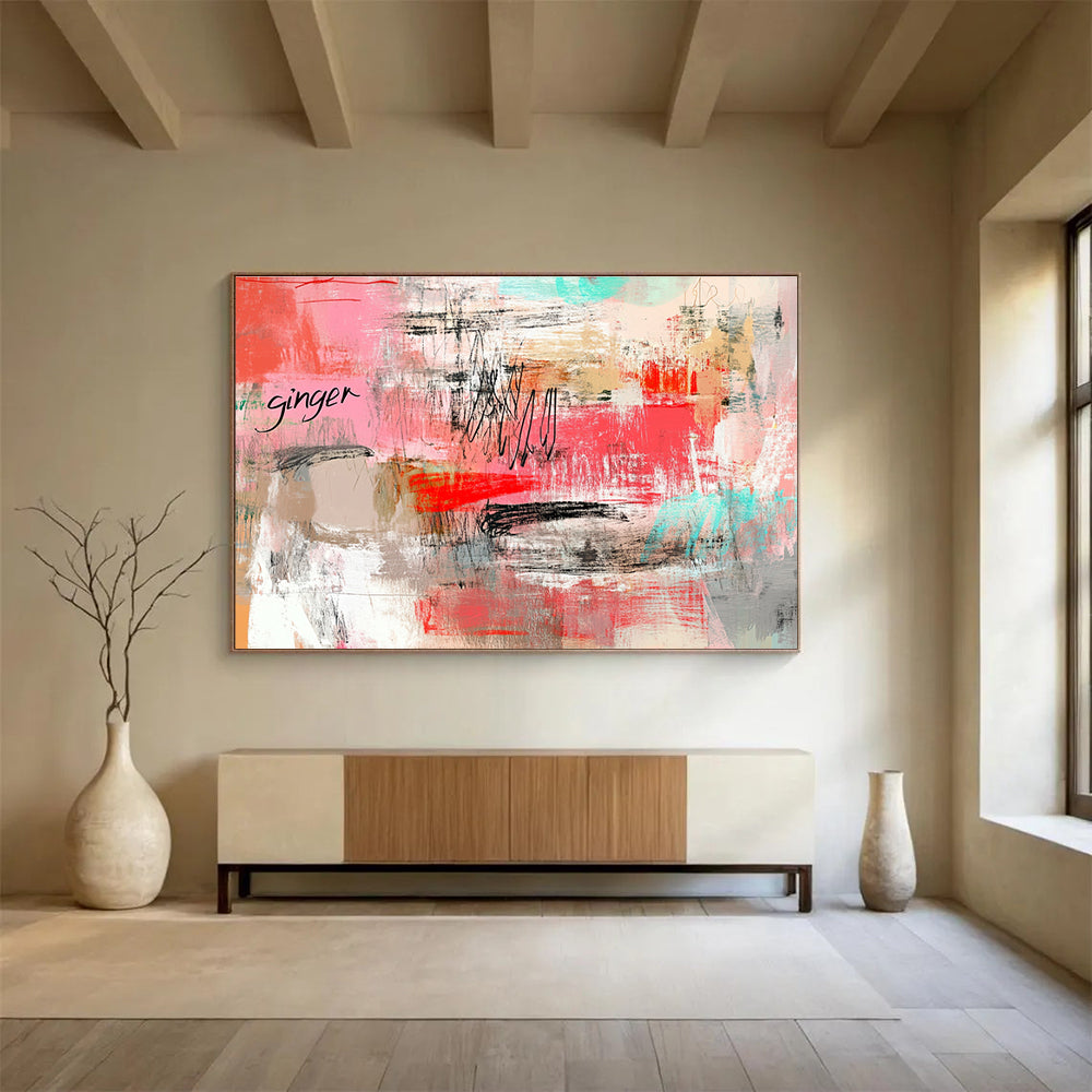 Pink and Gray Abstract Painting with Playful Text and Strokes ABS434
