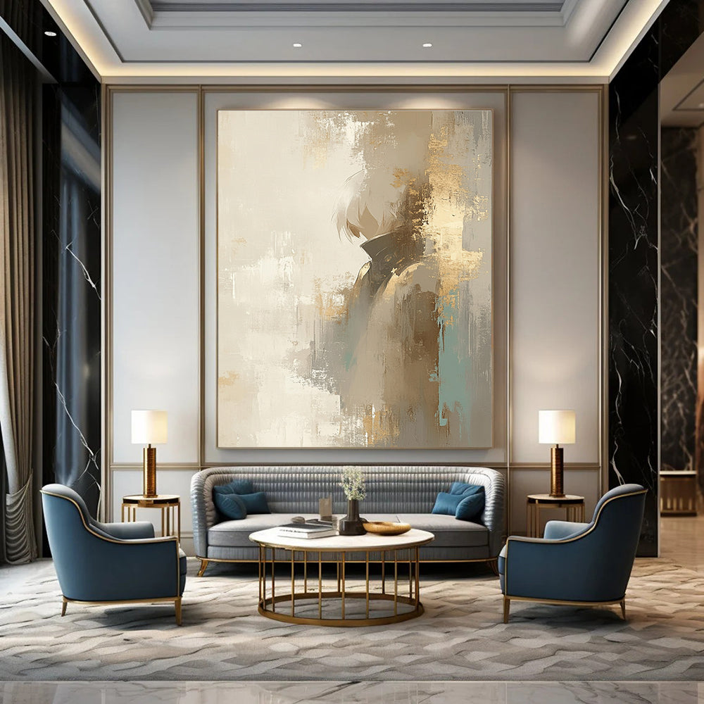 Figure in Neutral Tones Abstract Painting with Gold Accents GAB0690